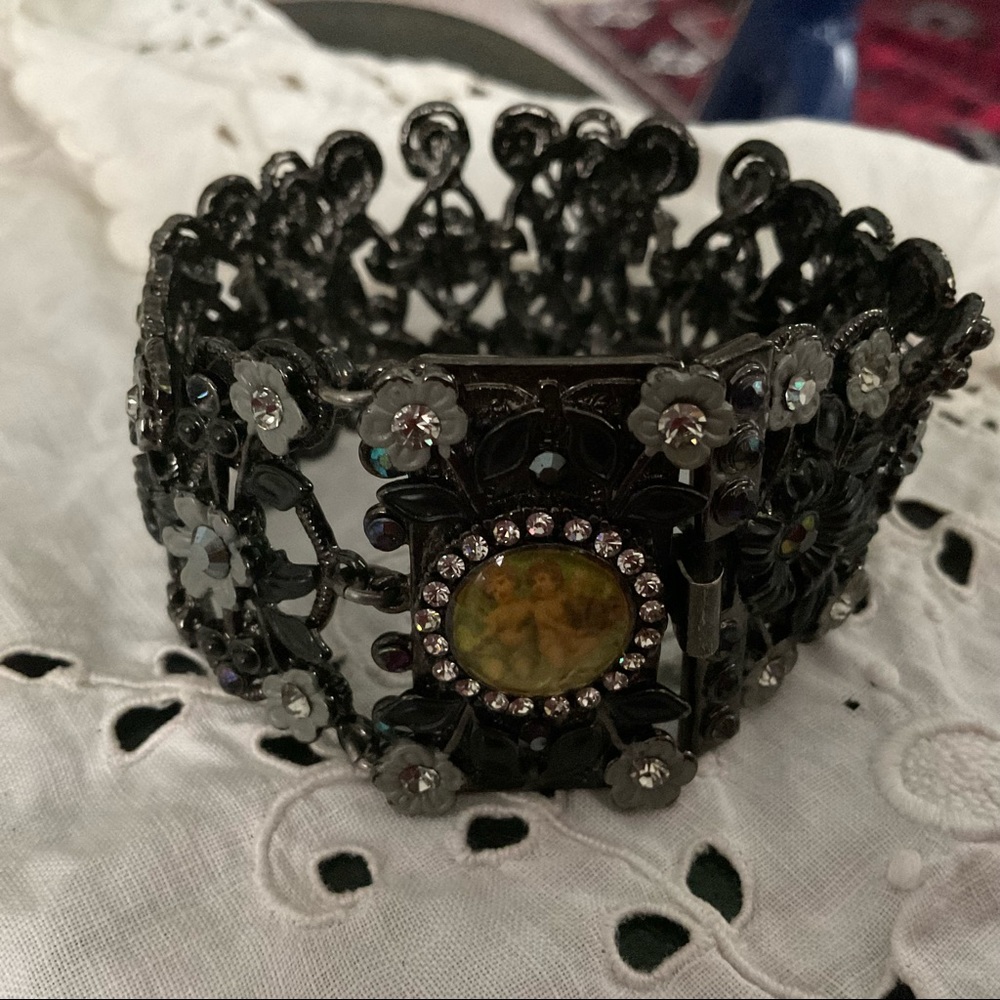 Vintage Retro Goth Black Bracelet with Rhinestones and Cherubs
